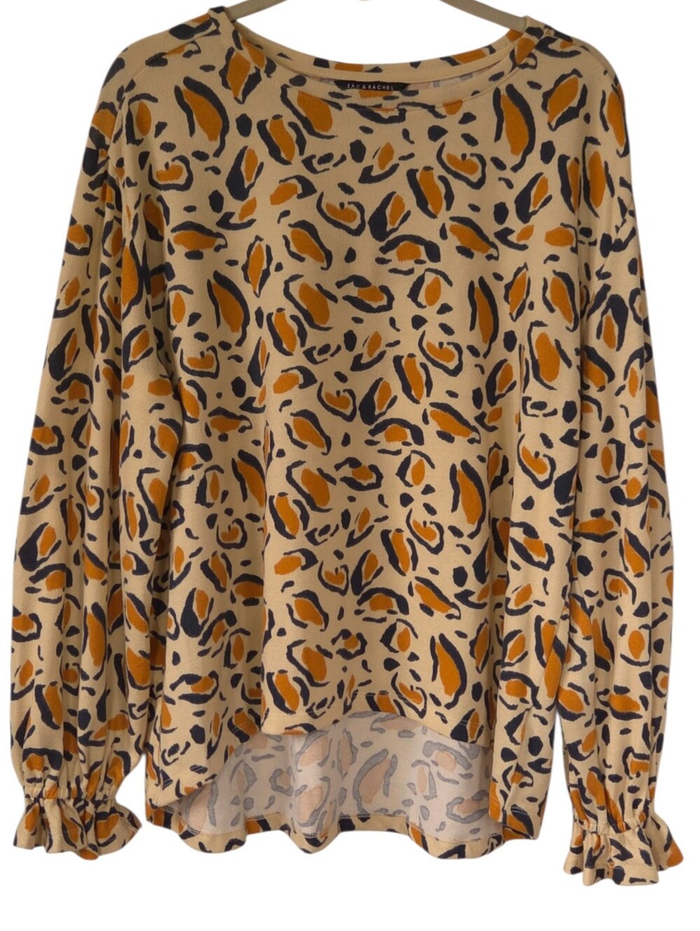 Zac & Rachel XL Tan Rust Abstract Animal Print Ruffle Cuff High Low Top